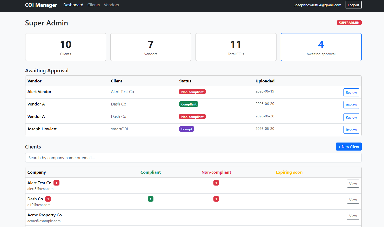 COI Manager dashboard showing client, vendor and certificate counts, an approval queue with compliance status, and a searchable client list.