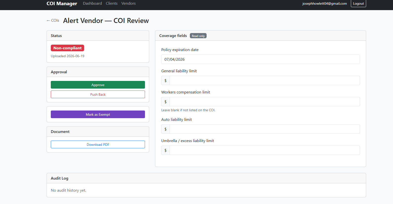 Certificate review screen with approve, push back and mark-exempt actions, read-only coverage fields for policy expiration and liability limits, and an audit log.