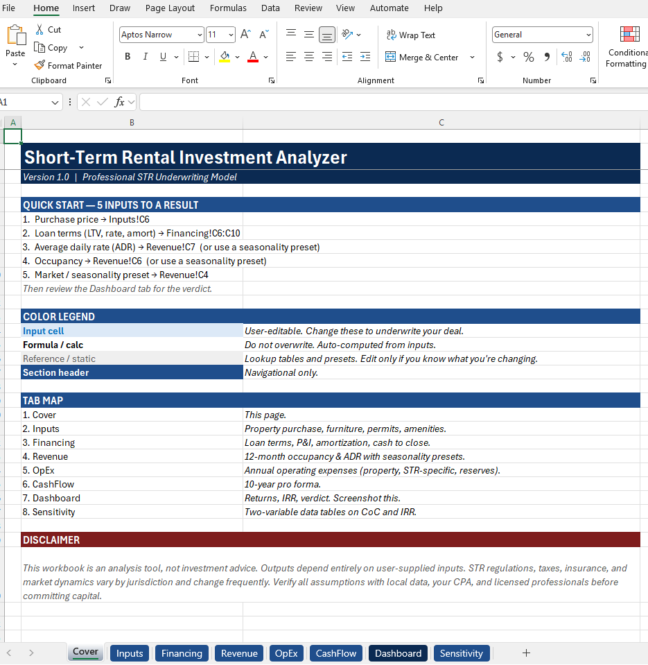 Cover sheet of the Short-Term Rental Investment Analyzer, listing a five-input quick start, a colour legend, and a map of the workbook's eight tabs.