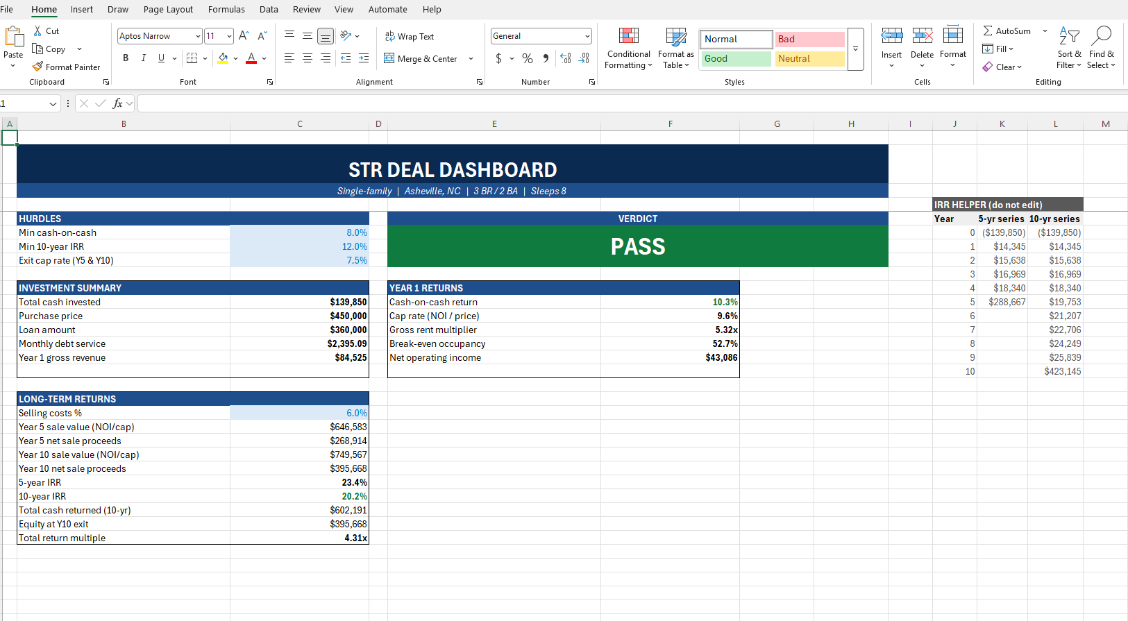 Deal dashboard showing hurdle rates, a PASS verdict, investment summary, Year 1 returns including cash-on-cash and net operating income, and long-term five and ten year IRR figures.